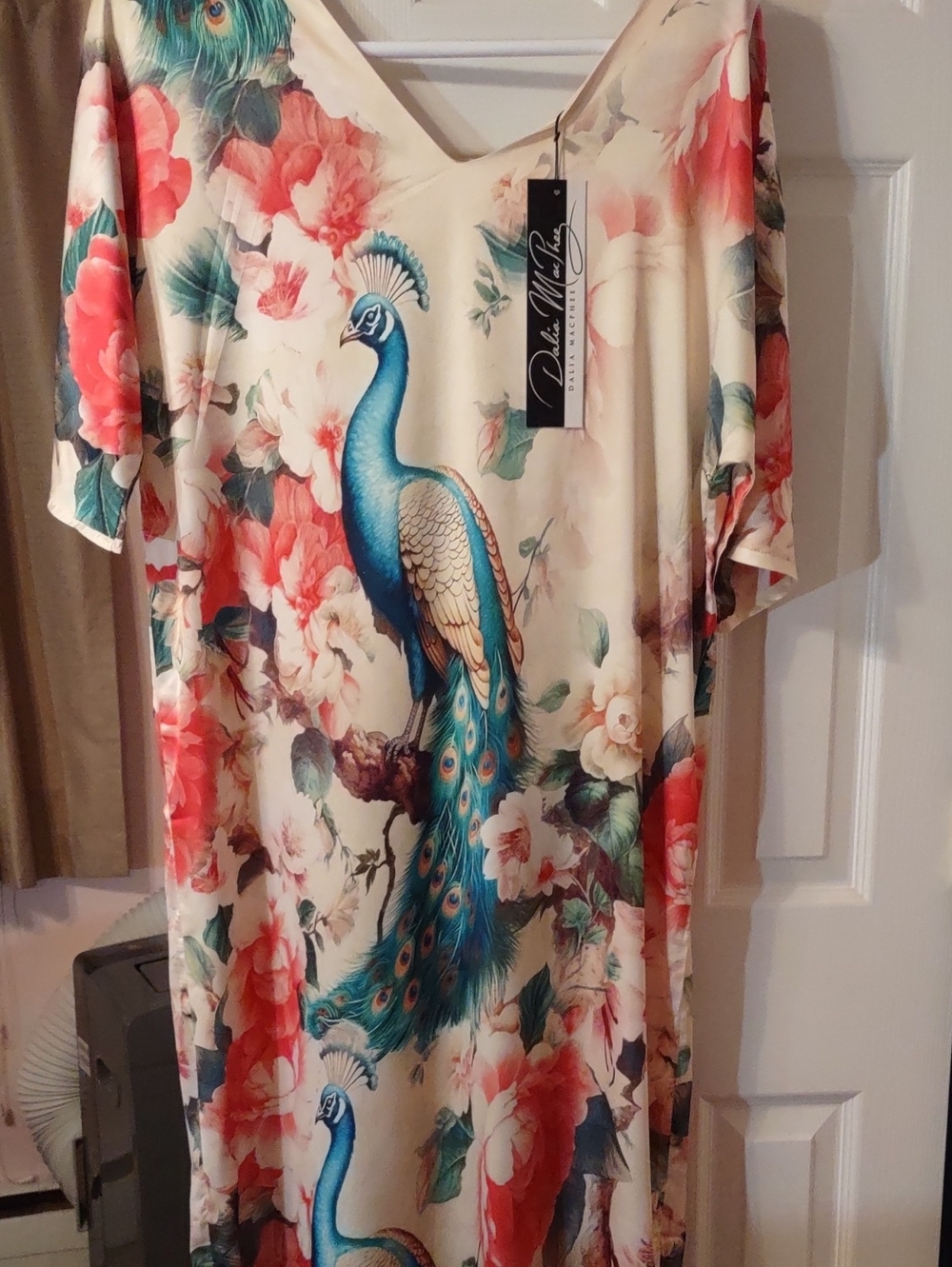 NWT Dalia MacPhee Satin Peacock Print Maxi Caftan Dress Medium Luxury Loungewear